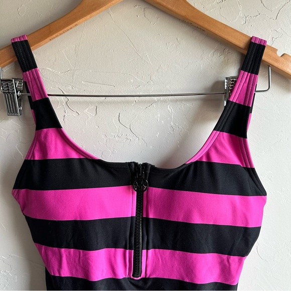 Michael Kors Zip Front One-Piece with Logo Zipper Pink and Black Stripes Size 6 - Picture 6 of 14